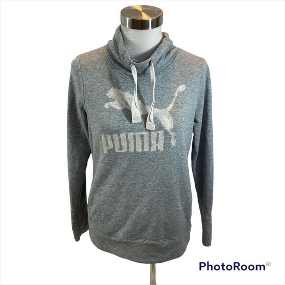 Ladies Grey Puma Cowl Neck Big‎ Cat Logo Sweatshirt Size Medium - Picture 3 of 12